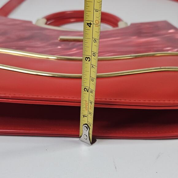 Retro Inspired Glossy Statement Handbag Red Gold Accents Acrylic Shoulder Purse - Picture 13 of 14